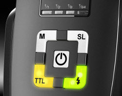 Metz Mecablitz 44 AF-1 digital flash: back panel, LED buttons, manual power indicator