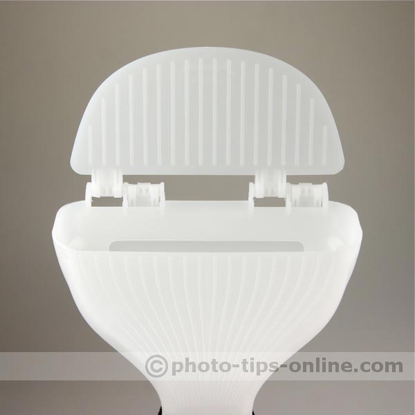 Gary Fong WhaleTail flash diffuser: top flap open, front view