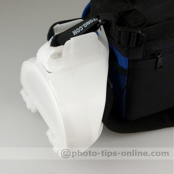 Gary Fong WhaleTail flash diffuser: attached to a small camera bag