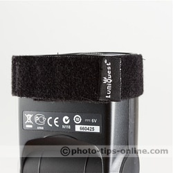 LumiQuest UltraStrap: attached to Canon Speedlite 580EX II, logo tab at one of the corners