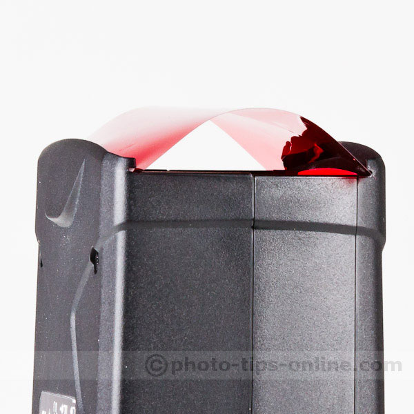 LumoPro LP180 flash: red gel installed into filter slot