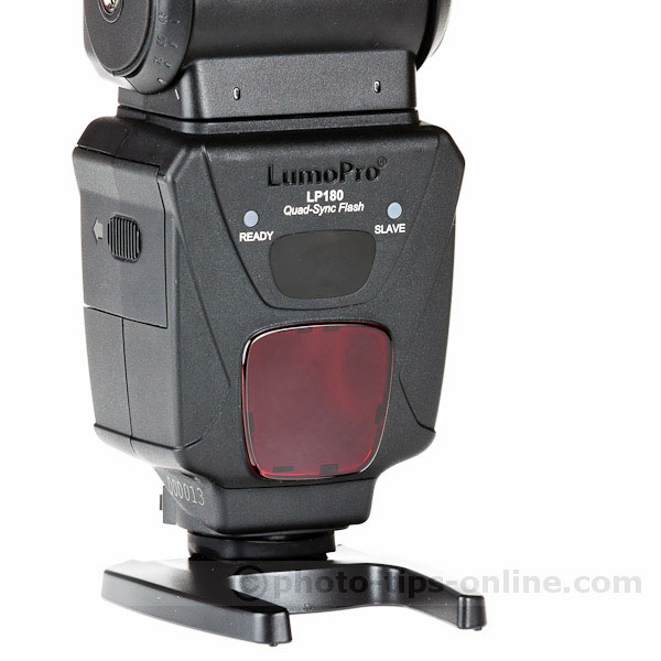 LumoPro LP180 flash: body front, slave sensor window