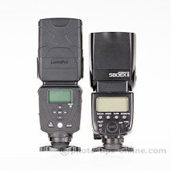 LumoPro LP180 flash: compared to Canon 580EX II, back