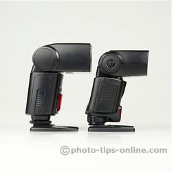 Nissin Di622 II vs. Canon Speedlite 430EX II: flash head release button, side view, battery compartment side