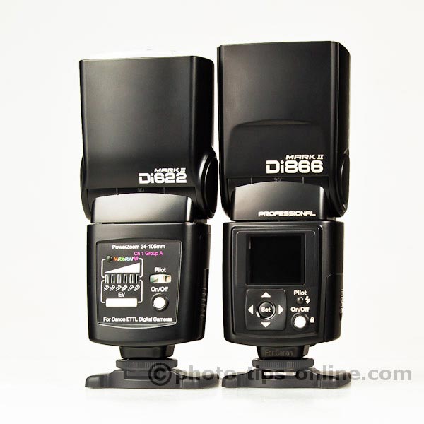 Nissin Di622 II vs. Nissin Di866 II: back view, flash head size comparison, controls