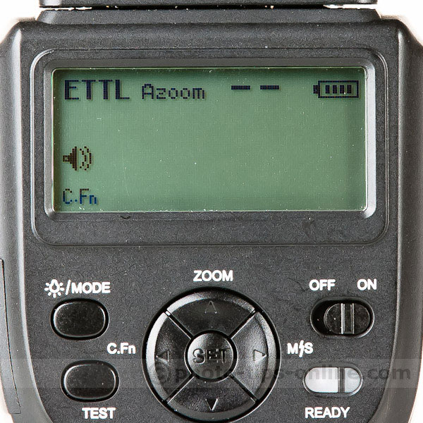 Phottix Mitros flash: ETTL mode menu screen, example