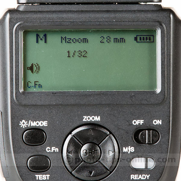 Phottix Mitros flash: Manual mode menu screen, example