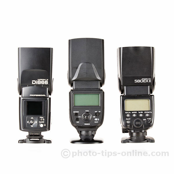 Phottix Mitros flash: compared to Nissin Di866 II and canon 580EX II, front