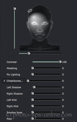 Portrait Professional 12: lighting controls, contrast light in the upper left corner