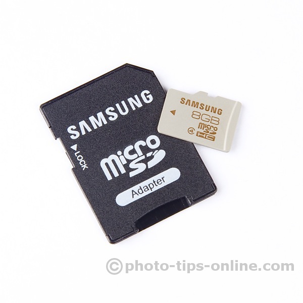 Samsung microSD card and included SD adapter: front